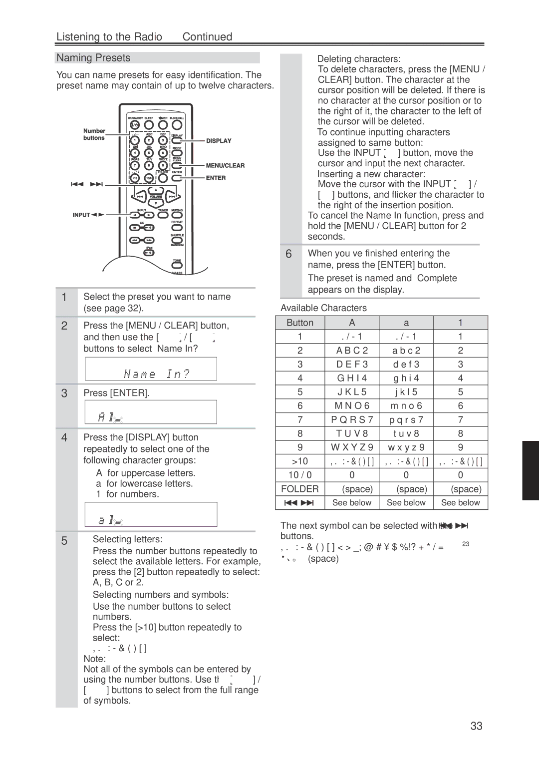 Onkyo CR-445 instruction manual Naming Presets 