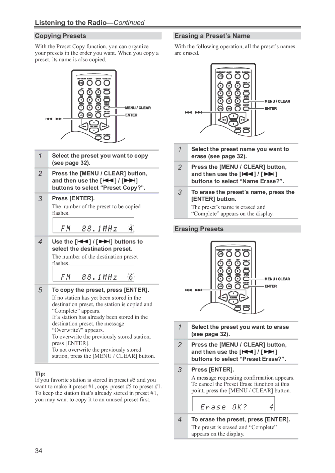 Onkyo CR-445 instruction manual Copying Presets, Erasing a Preset’s Name, Erasing Presets 