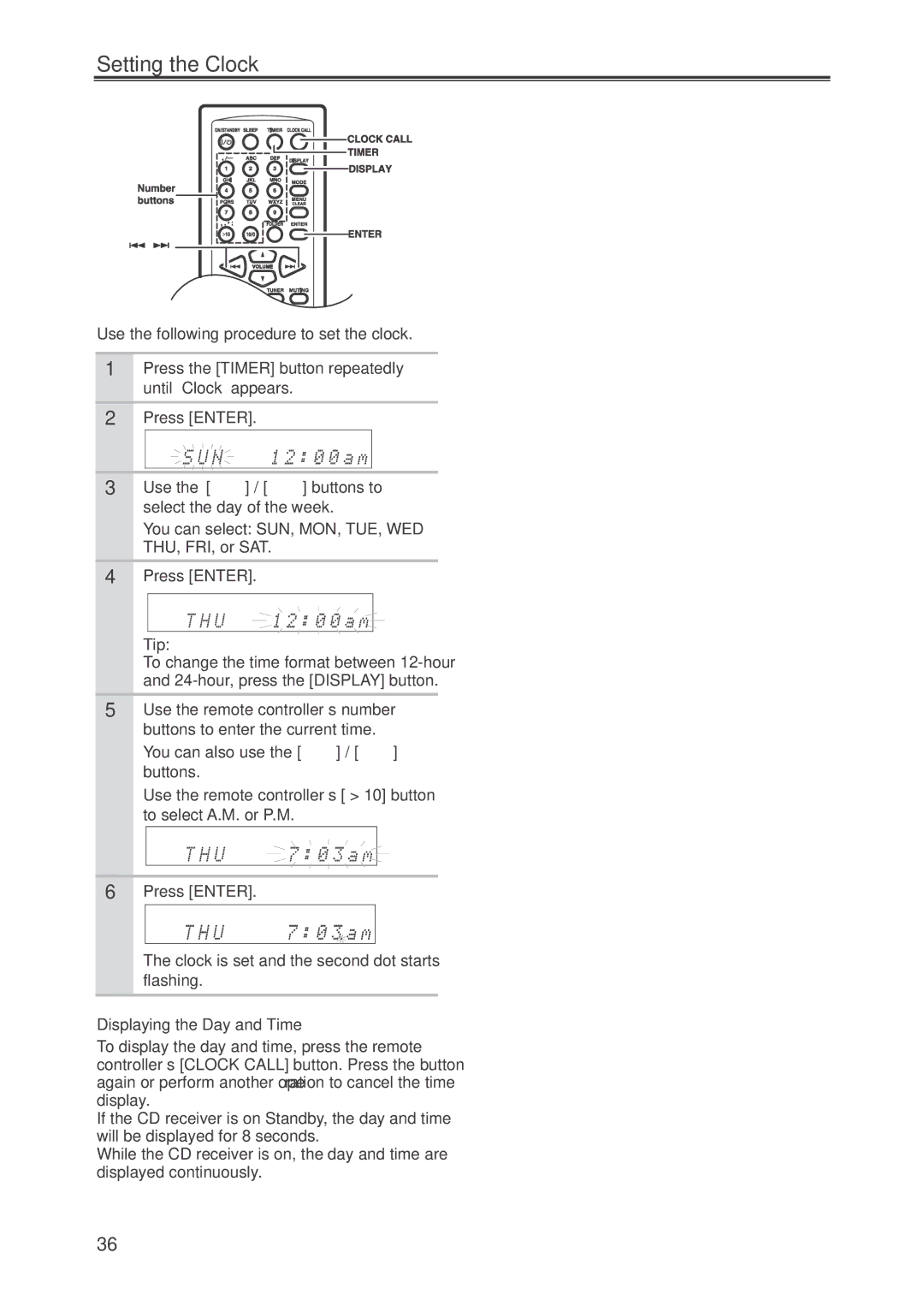 Onkyo CR-445 instruction manual Setting the Clock, Displaying the Day and Time 