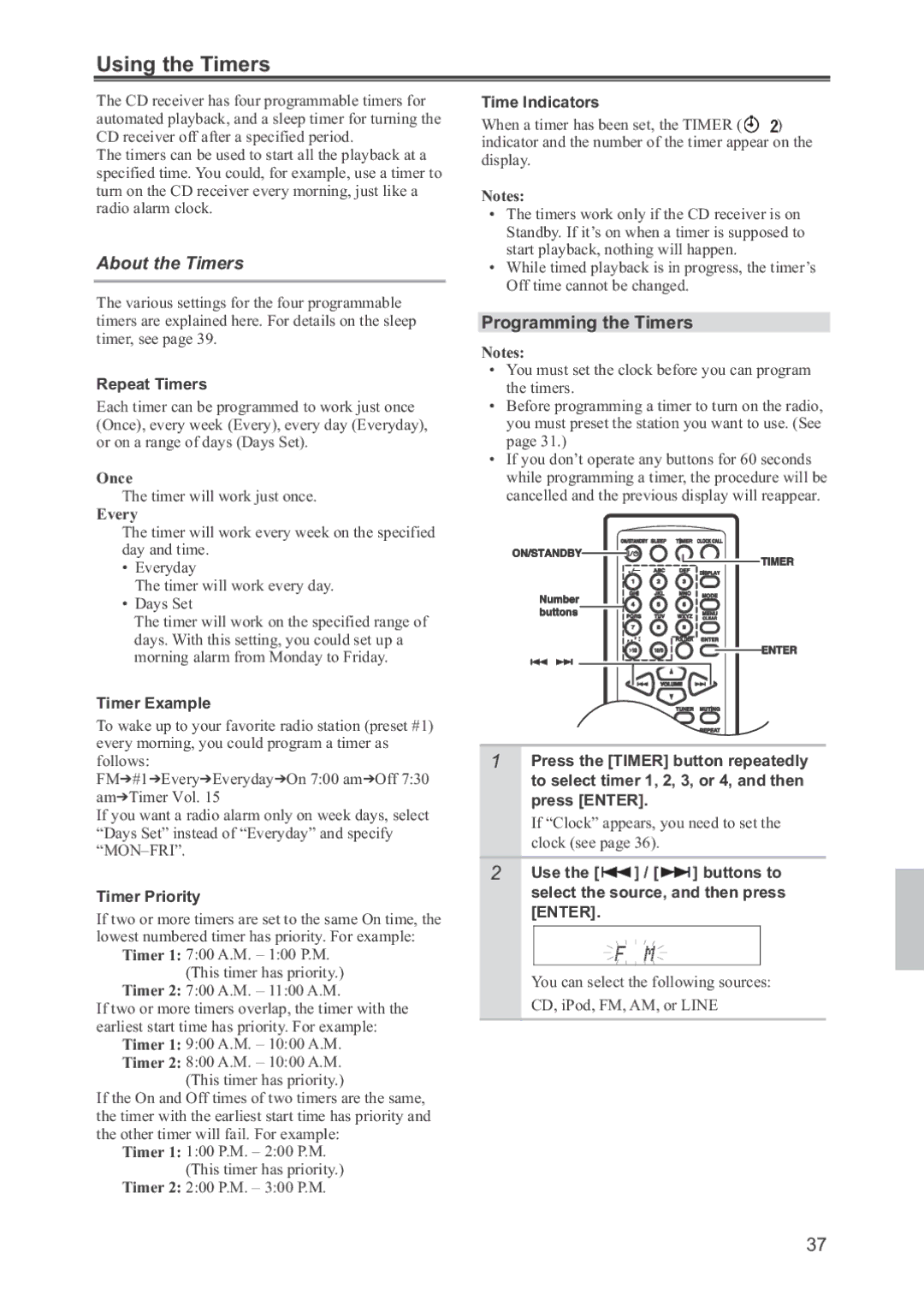 Onkyo CR-445 instruction manual Using the Timers, About the Timers, Programming the Timers 