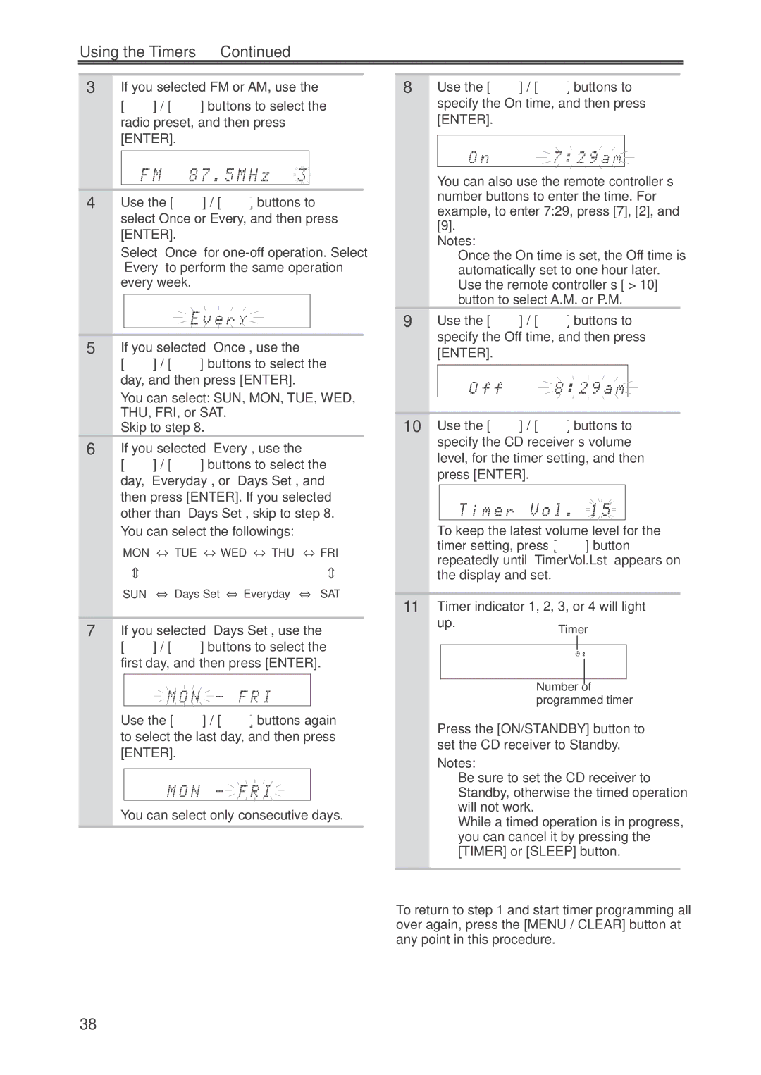 Onkyo CR-445 instruction manual Using the Timers, Timer indicator 1, 2, 3, or 4 will light 