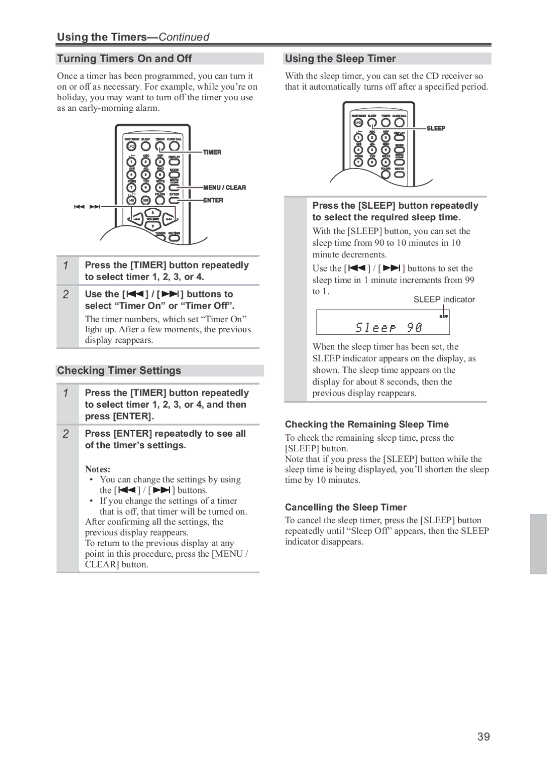 Onkyo CR-445 Turning Timers On and Off, Checking Timer Settings, Using the Sleep Timer, Checking the Remaining Sleep Time 