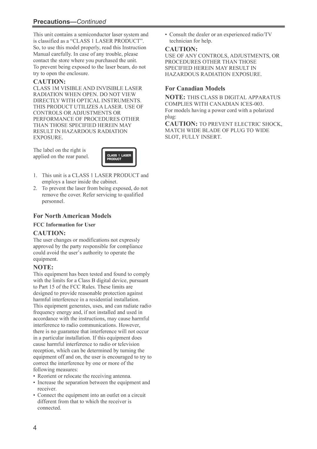 Onkyo CR-445 instruction manual Precautions, FCC Information for User 