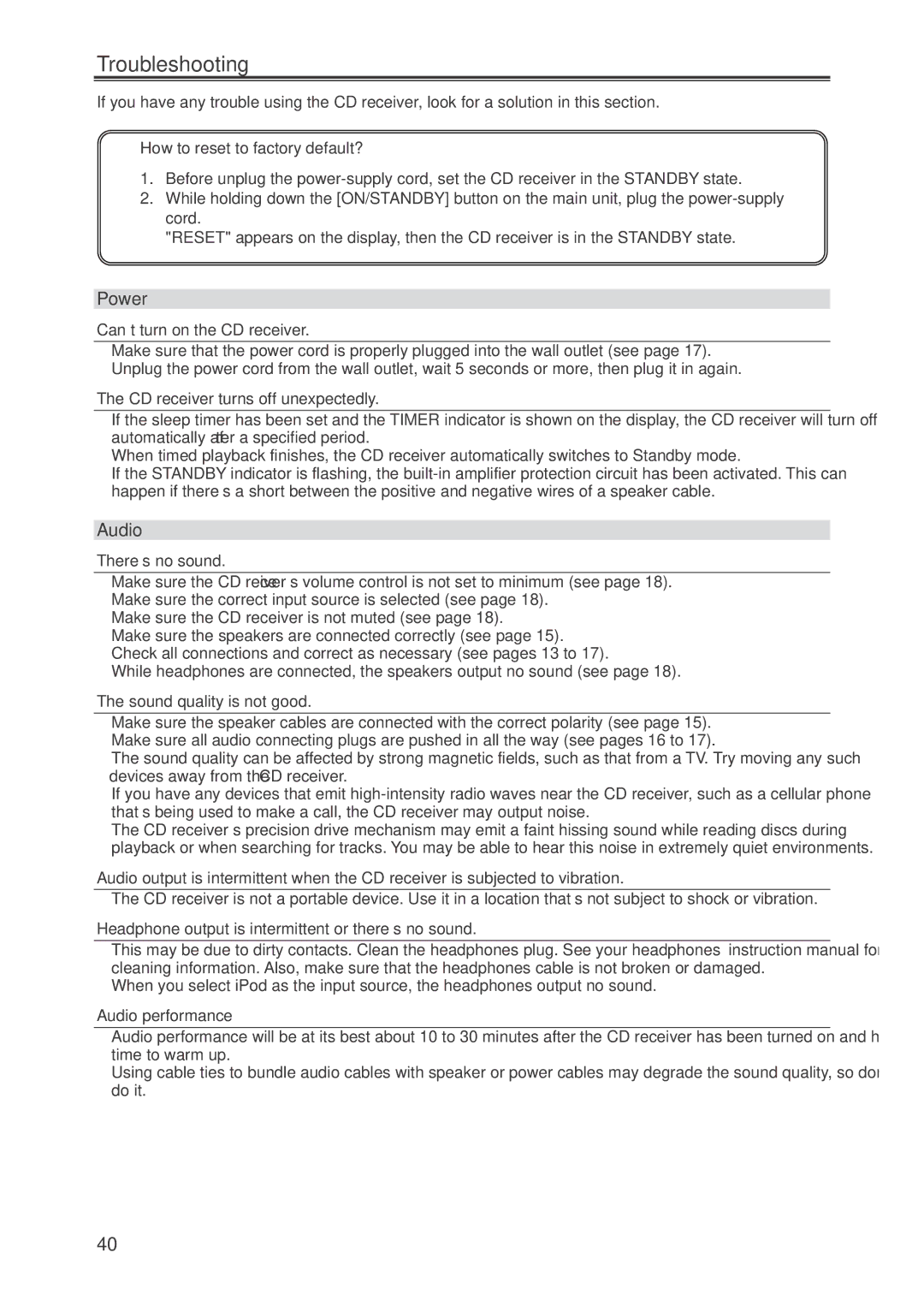 Onkyo CR-445 instruction manual Troubleshooting, Power, Audio 