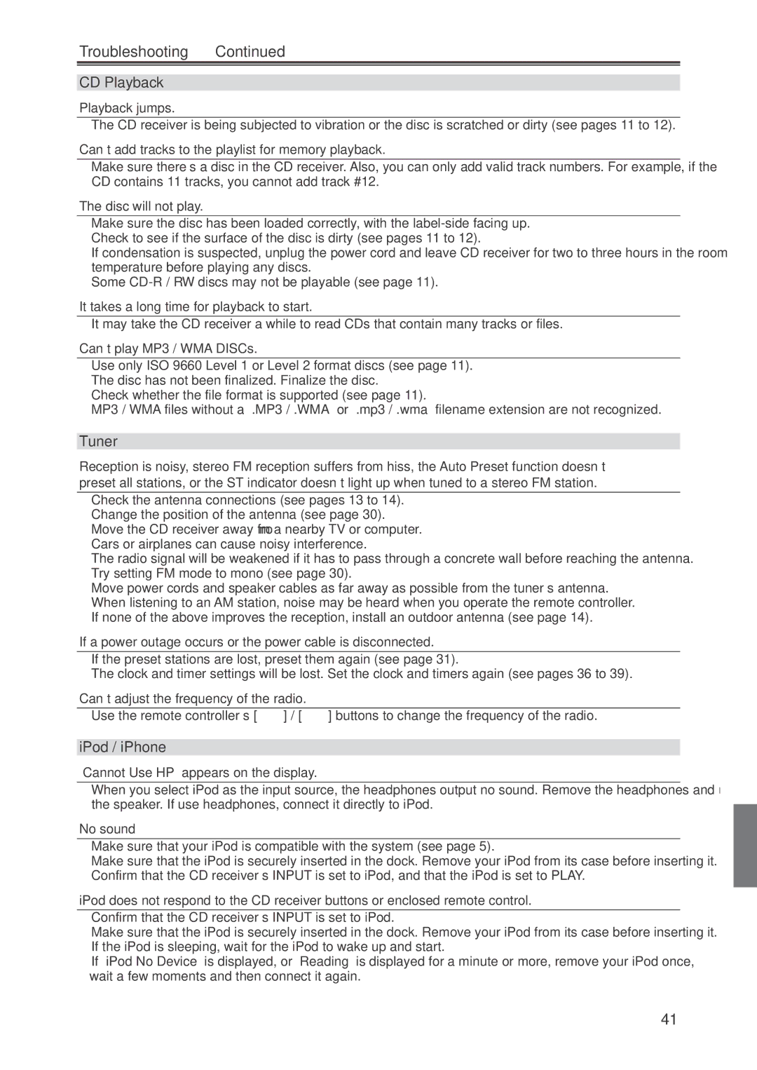 Onkyo CR-445 instruction manual Troubleshooting, CD Playback, Tuner, IPod / iPhone 