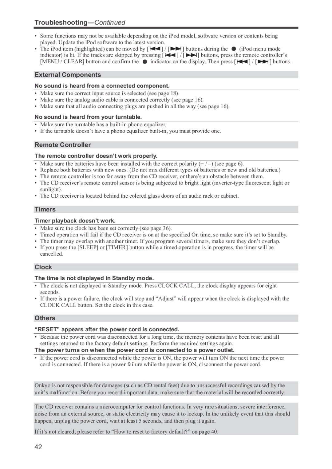 Onkyo CR-445 instruction manual External Components, Timers, Clock, Others 