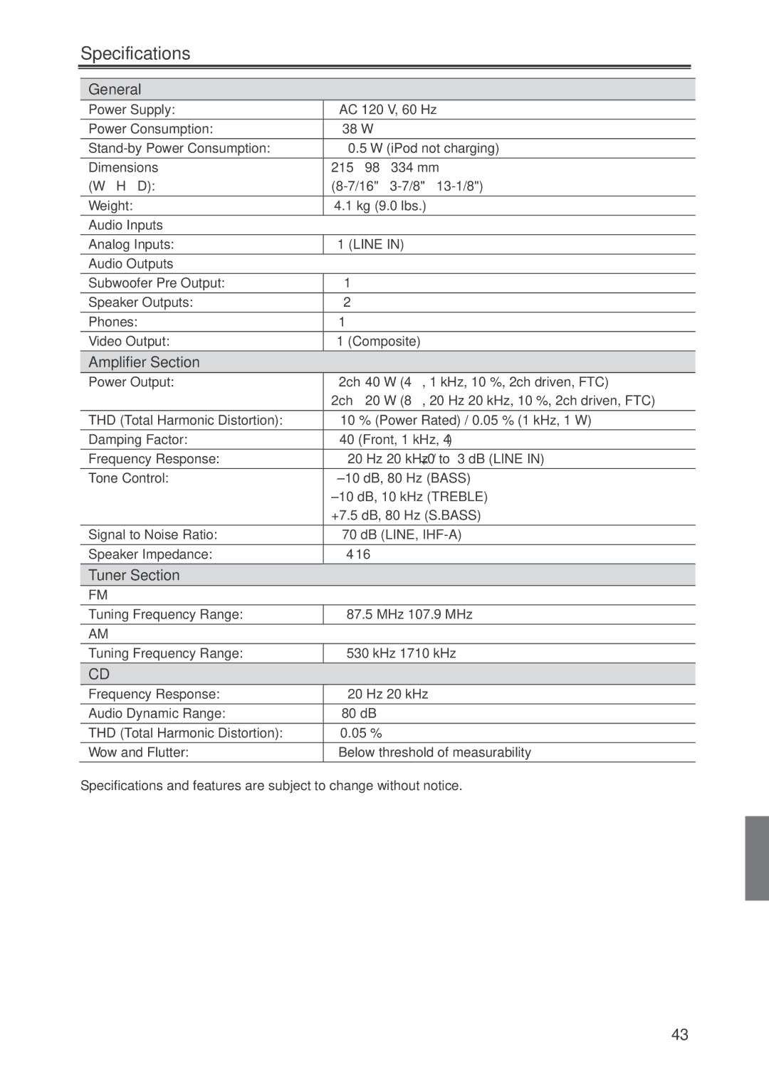 Onkyo CR-445 instruction manual Specifications, General, Amplifier Section, Tuner Section 