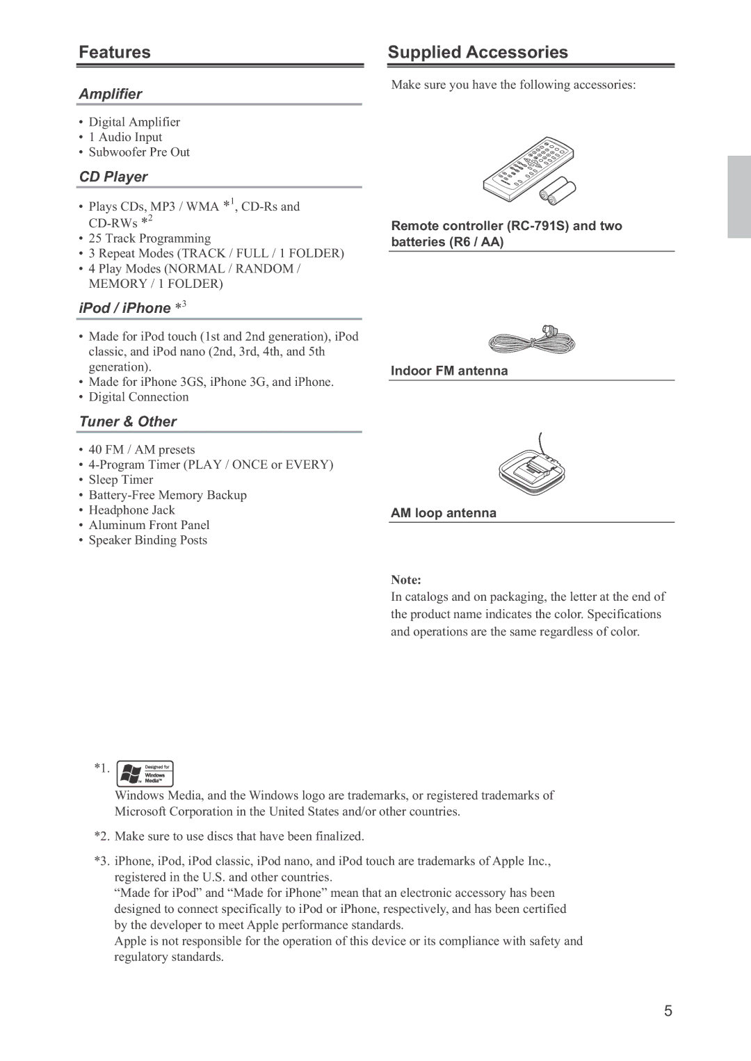 Onkyo CR-445 instruction manual Features, Supplied Accessories 