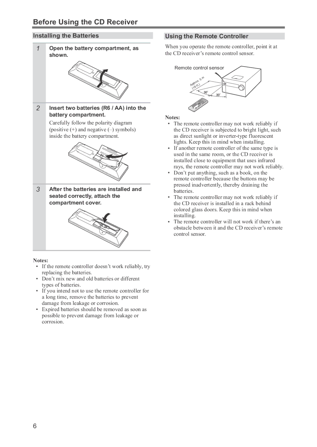 Onkyo CR-445 instruction manual Before Using the CD Receiver, Installing the Batteries, Using the Remote Controller 