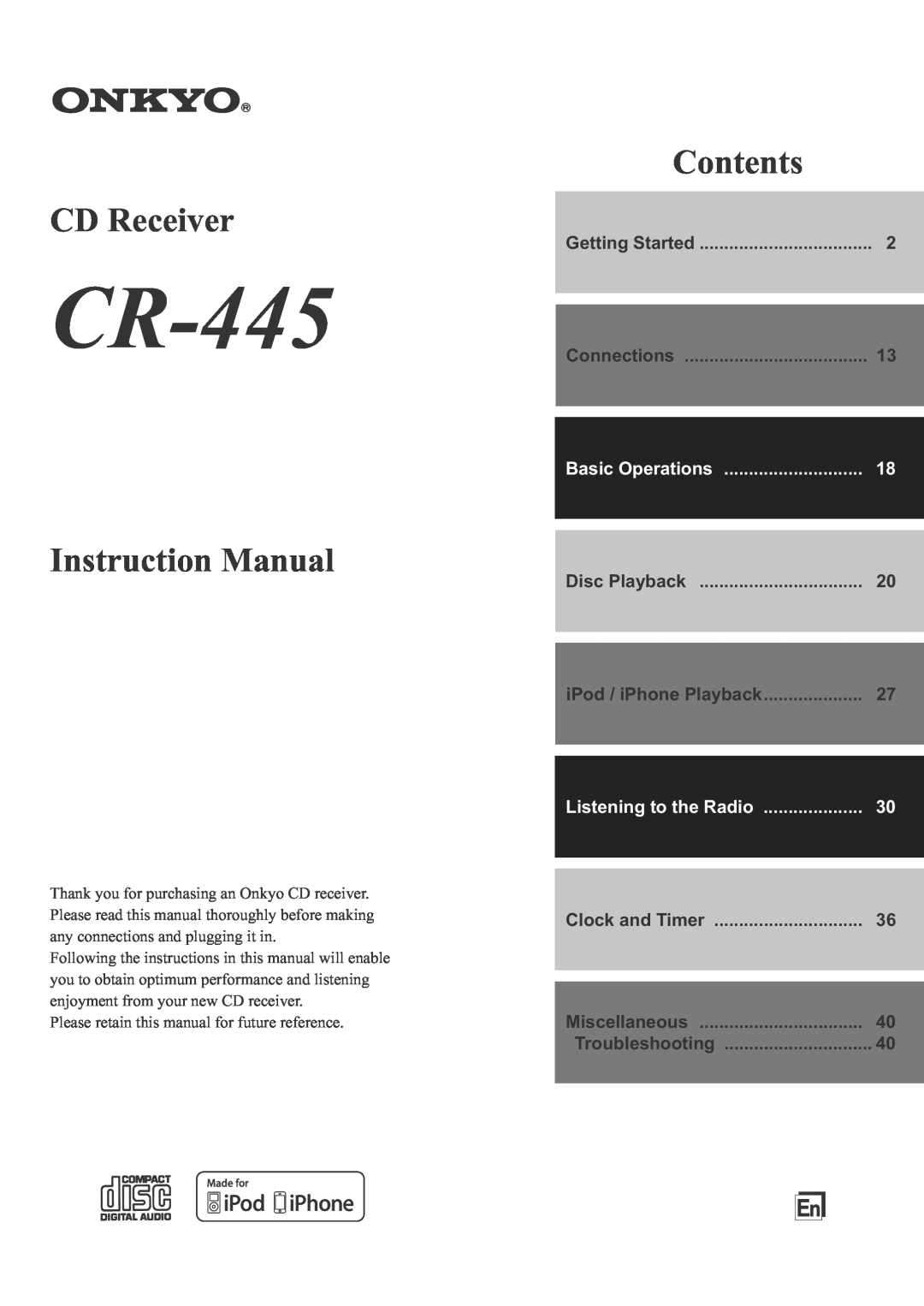 Onkyo CR-445 instruction manual Disc Playback, iPod / iPhone Playback, Miscellaneous, CD Receiver, Contents 