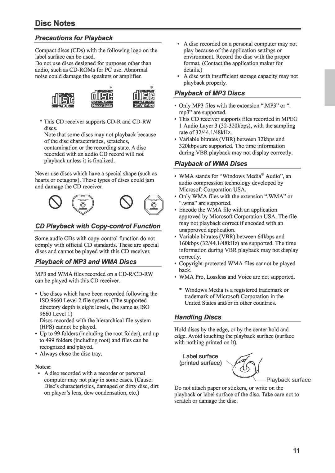 Onkyo CR-445 Disc Notes, Precautions for Playback, CD Playback with Copy-controlFunction, Playback of MP3 and WMA Discs 