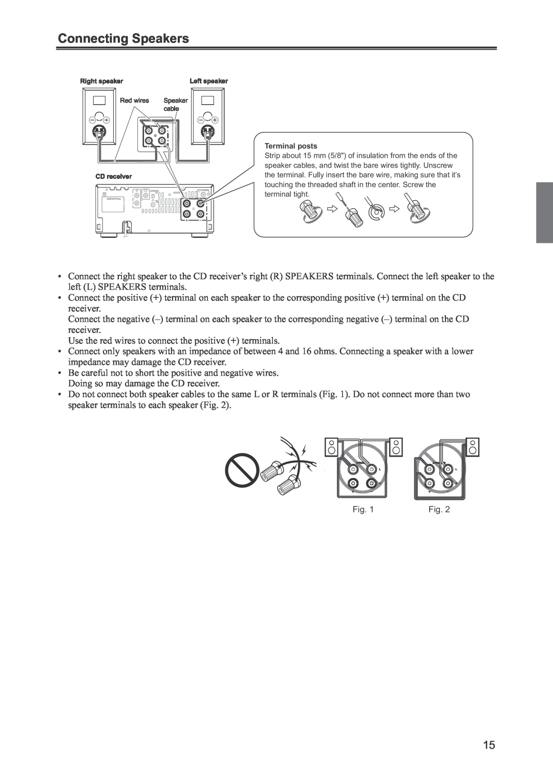 Onkyo CR-445 instruction manual Connecting Speakers 