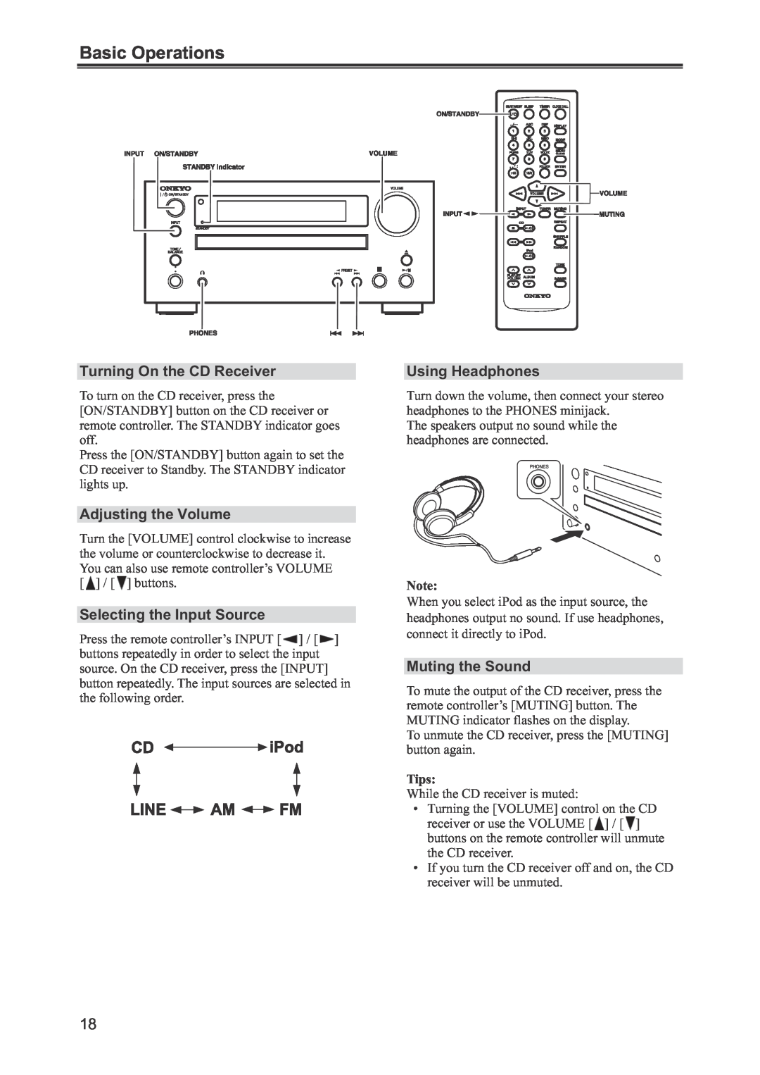 Onkyo CR-445 Basic Operations, Turning On the CD Receiver, Adjusting the Volume, Selecting the Input Source, Tips 