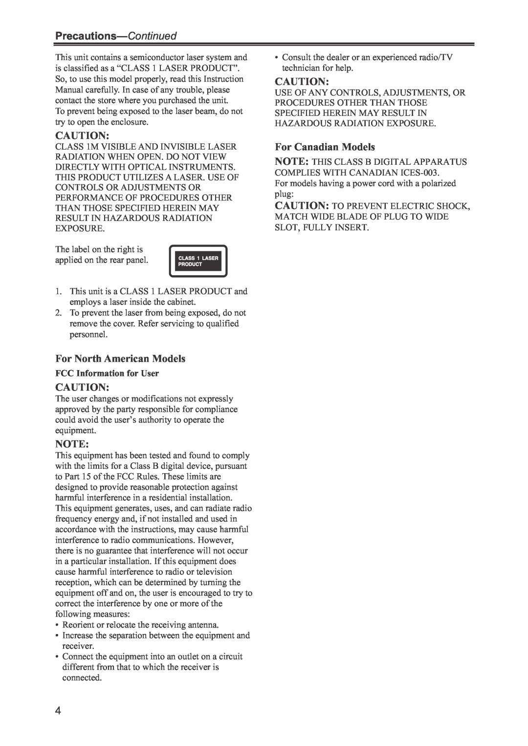 Onkyo CR-445 Precautions-Continued, FCC Information for User, For North American Models, For Canadian Models 