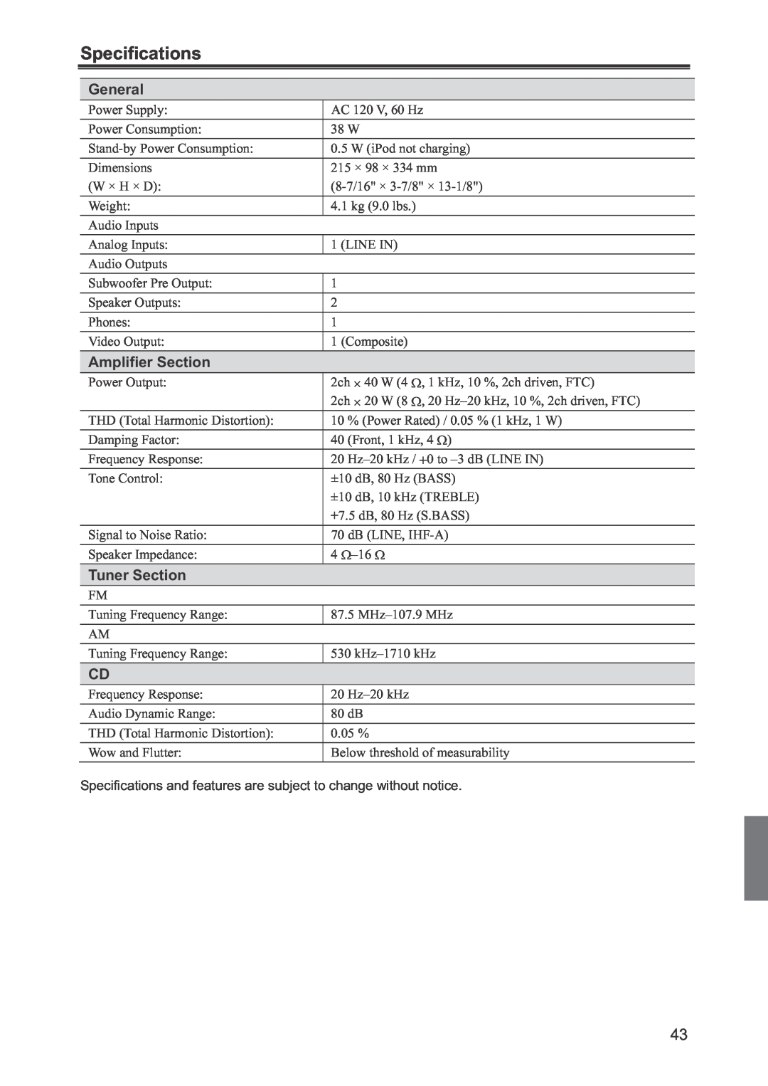 Onkyo CR-445 instruction manual Specifications, General, Amplifier Section, Tuner Section 