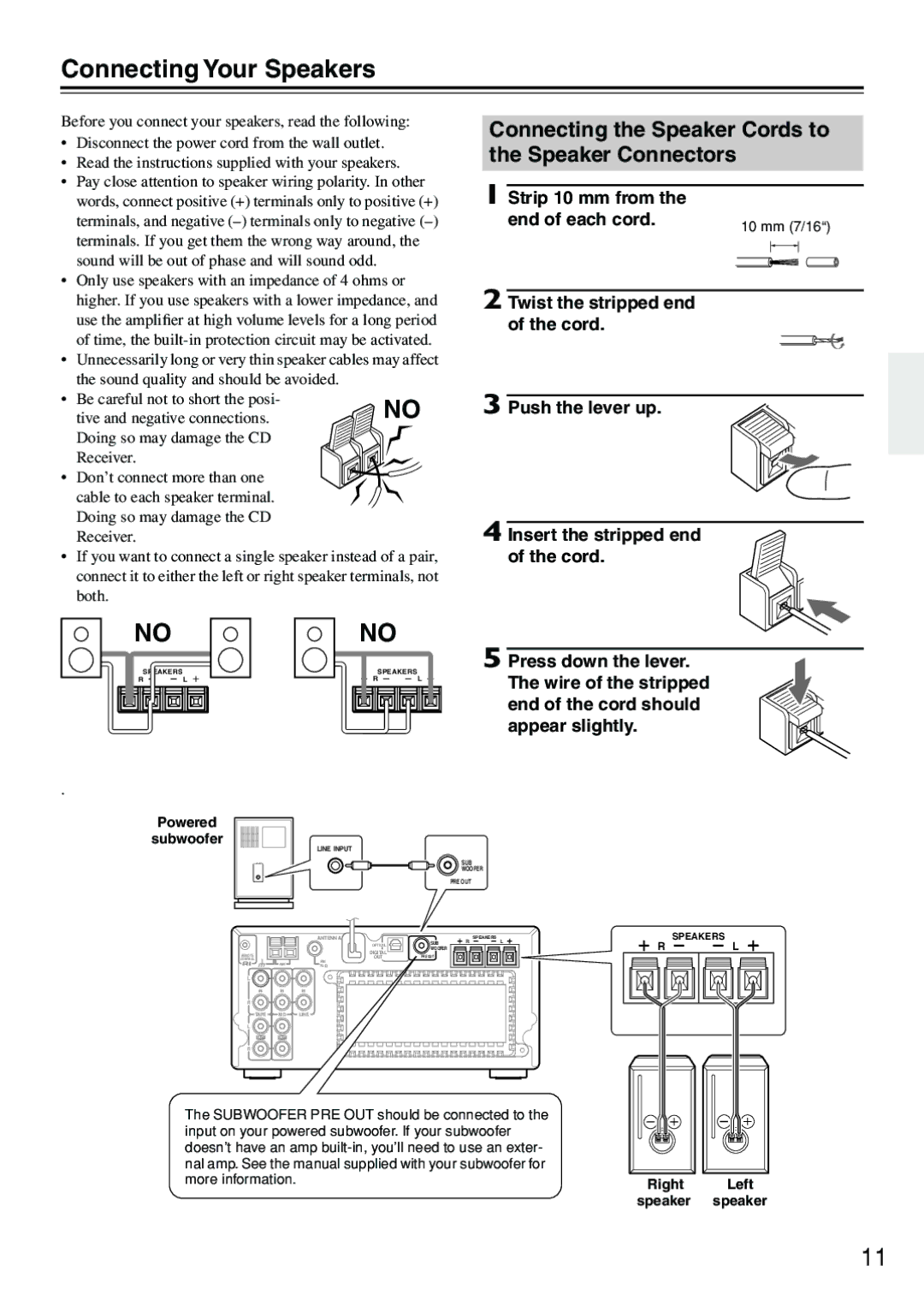 Onkyo CR-505 Connecting Your Speakers, Connecting the Speaker Cords to the Speaker Connectors, Powered Subwoofer 