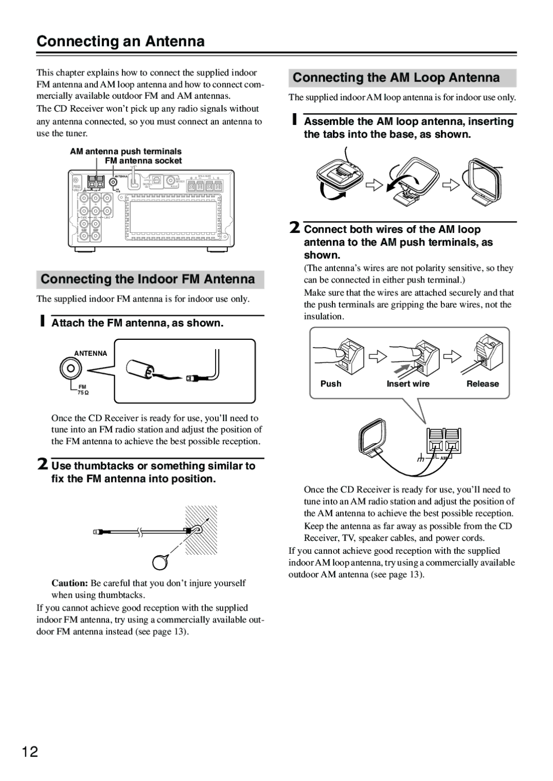 Onkyo CR-505 instruction manual Connecting an Antenna, Connecting the Indoor FM Antenna, Connecting the AM Loop Antenna 