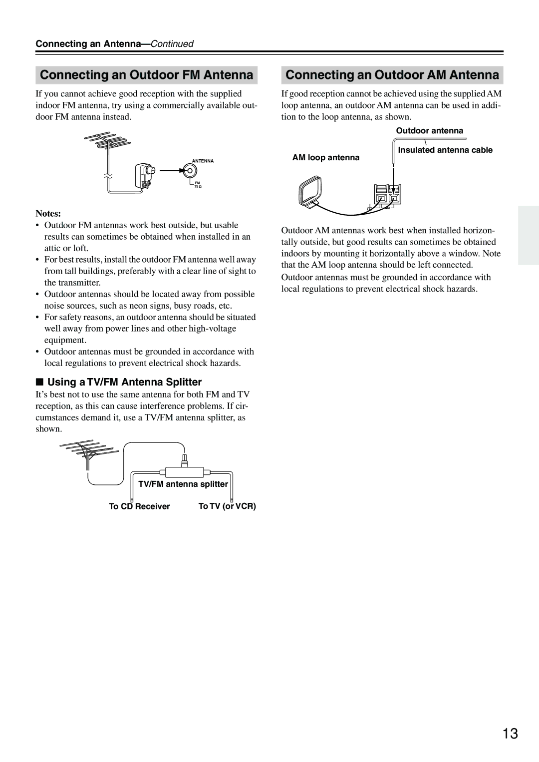 Onkyo CR-505 Connecting an Outdoor FM Antenna, Connecting an Outdoor AM Antenna, Using a TV/FM Antenna Splitter 