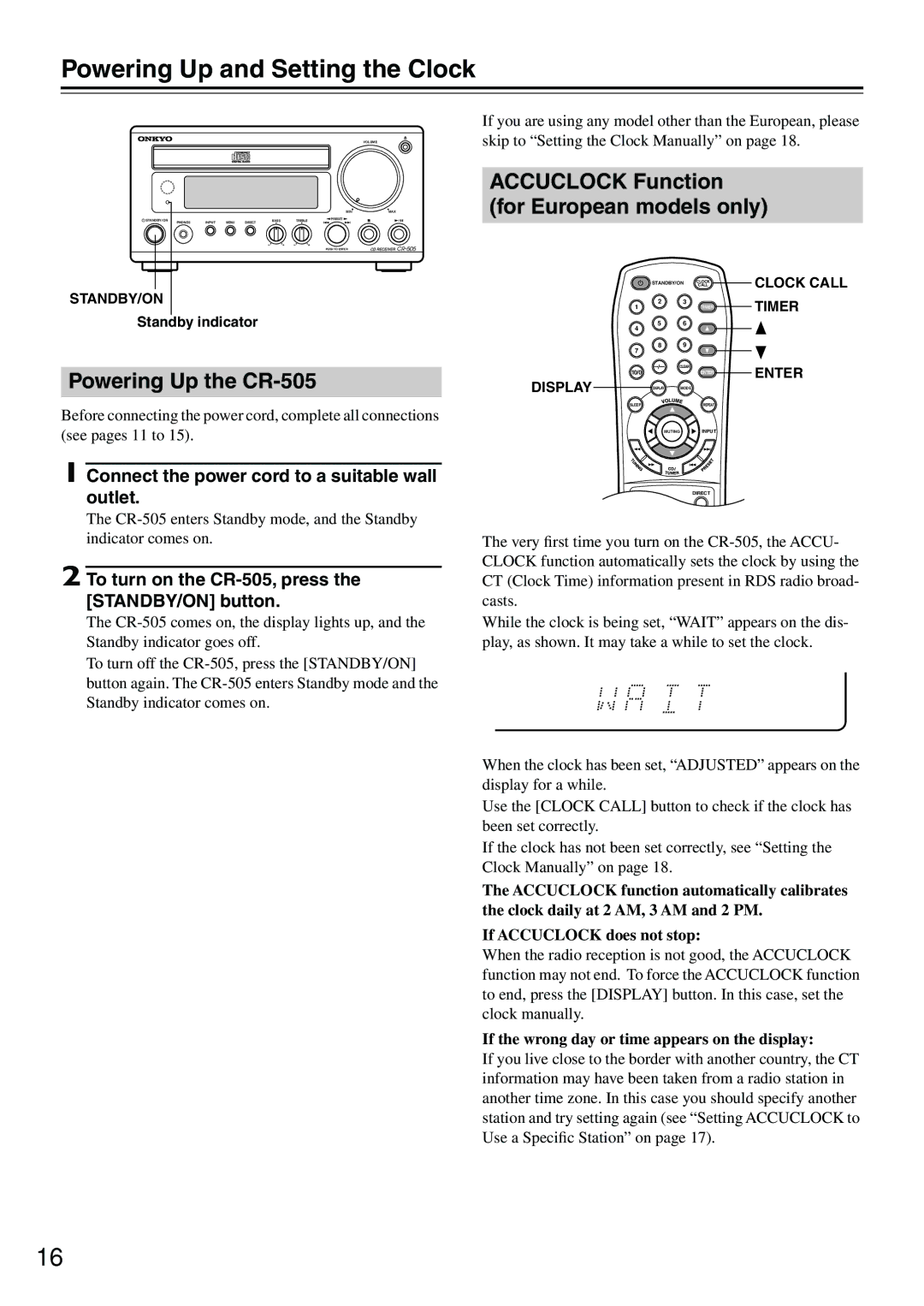 Onkyo Powering Up and Setting the Clock, Powering Up the CR-505, Accuclock Function for European models only 
