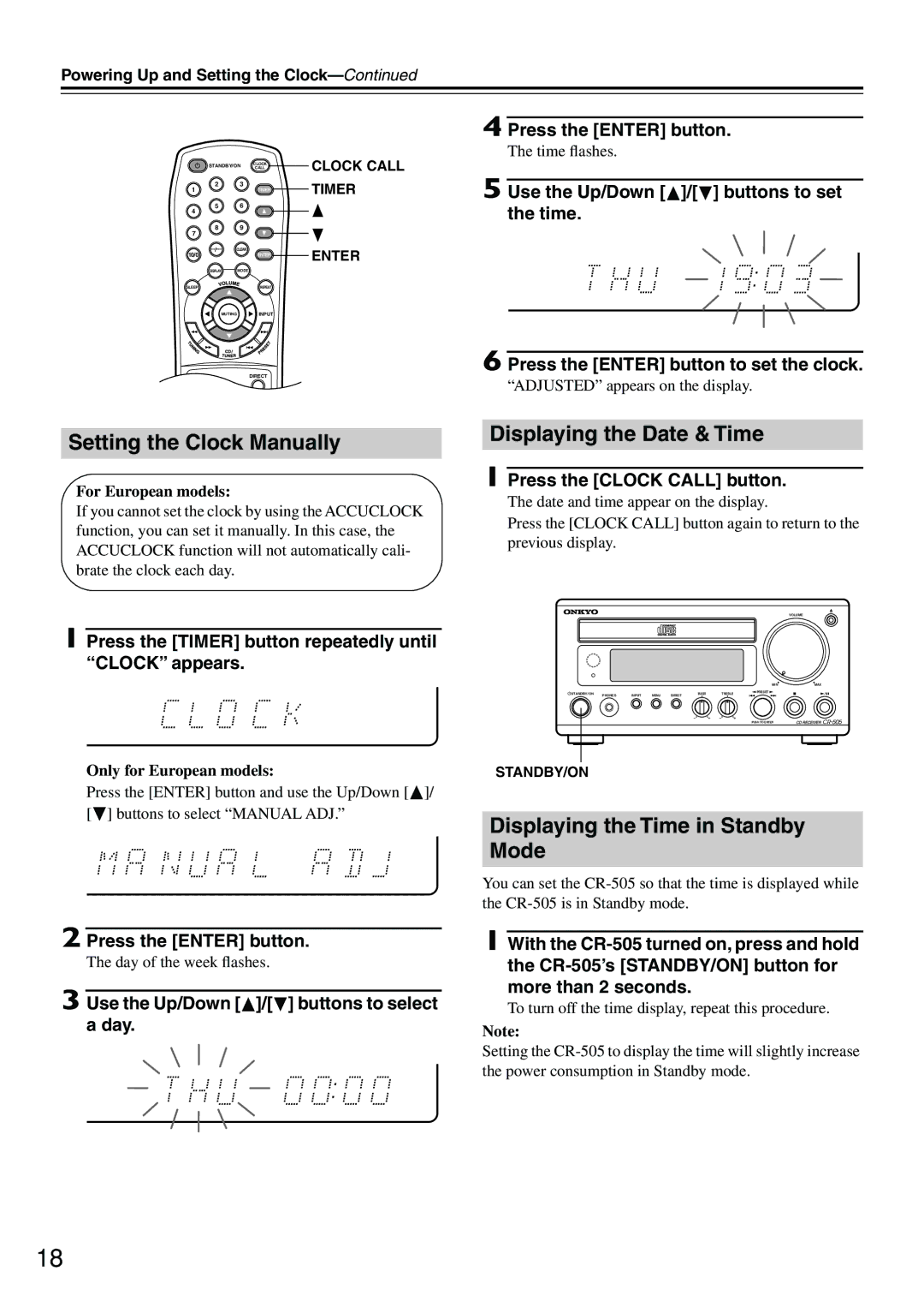 Onkyo CR-505 instruction manual Setting the Clock Manually, Displaying the Date & Time, Displaying the Time in Standby Mode 