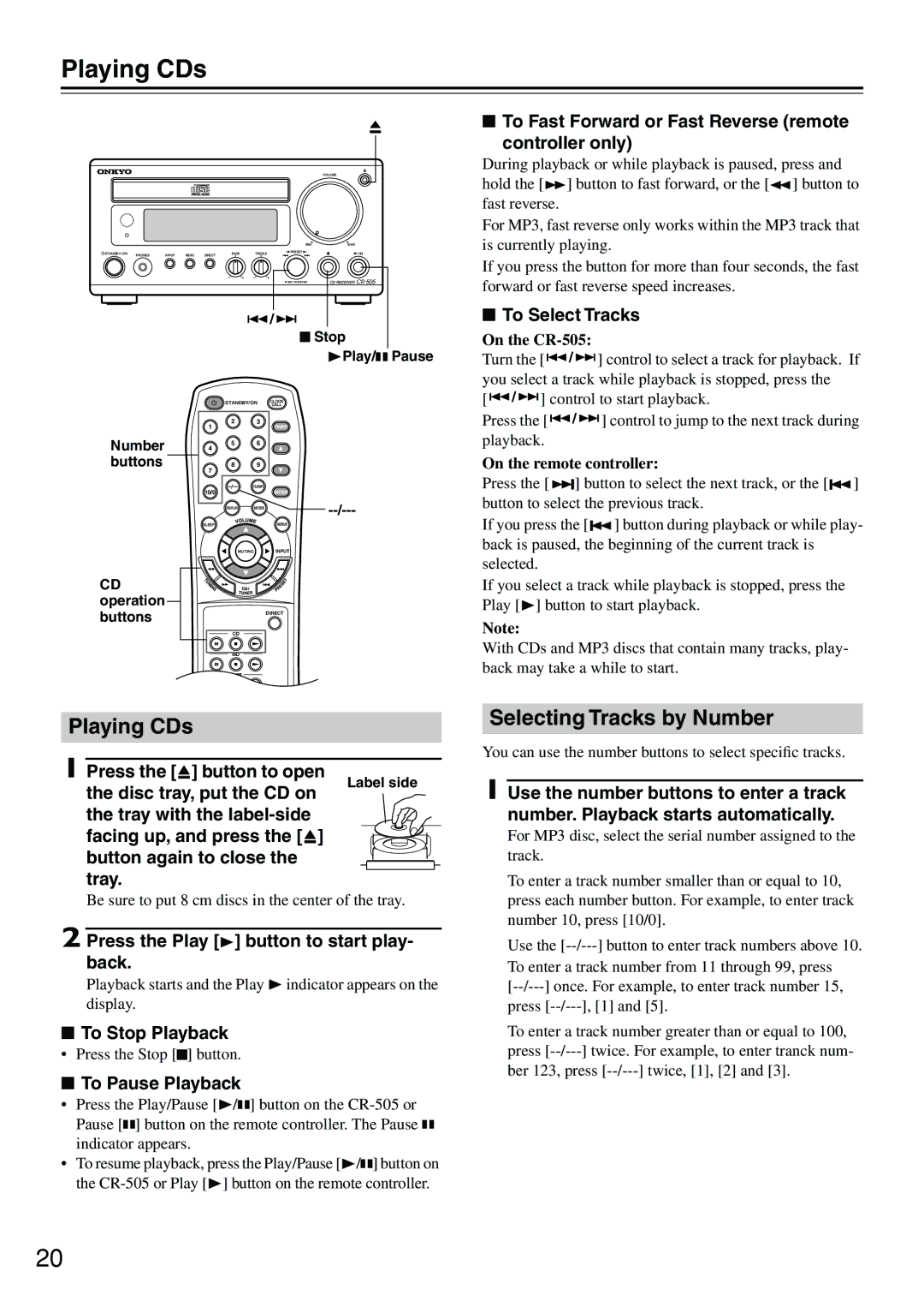 Onkyo CR-505 instruction manual Playing CDs, Selecting Tracks by Number 