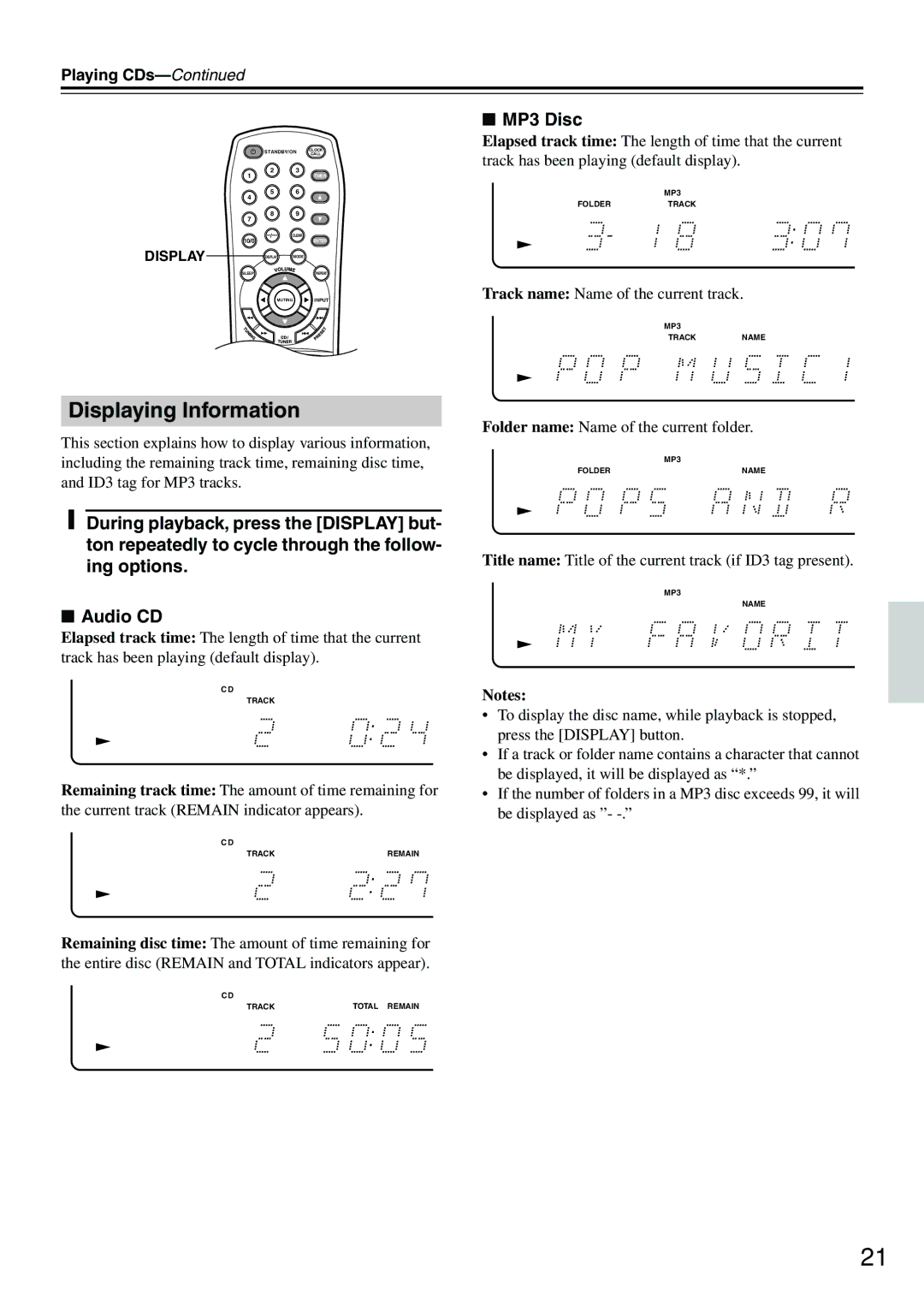 Onkyo CR-505 instruction manual Displaying Information, MP3 Disc 