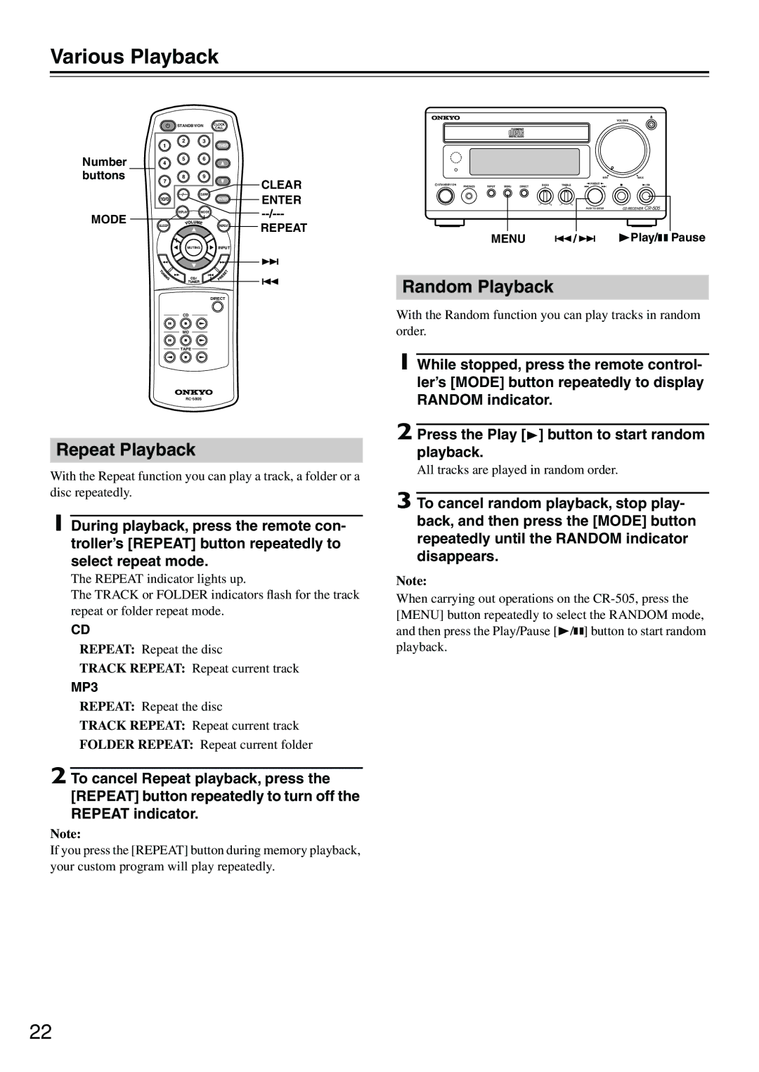 Onkyo CR-505 instruction manual Various Playback, Random Playback, Repeat Playback 