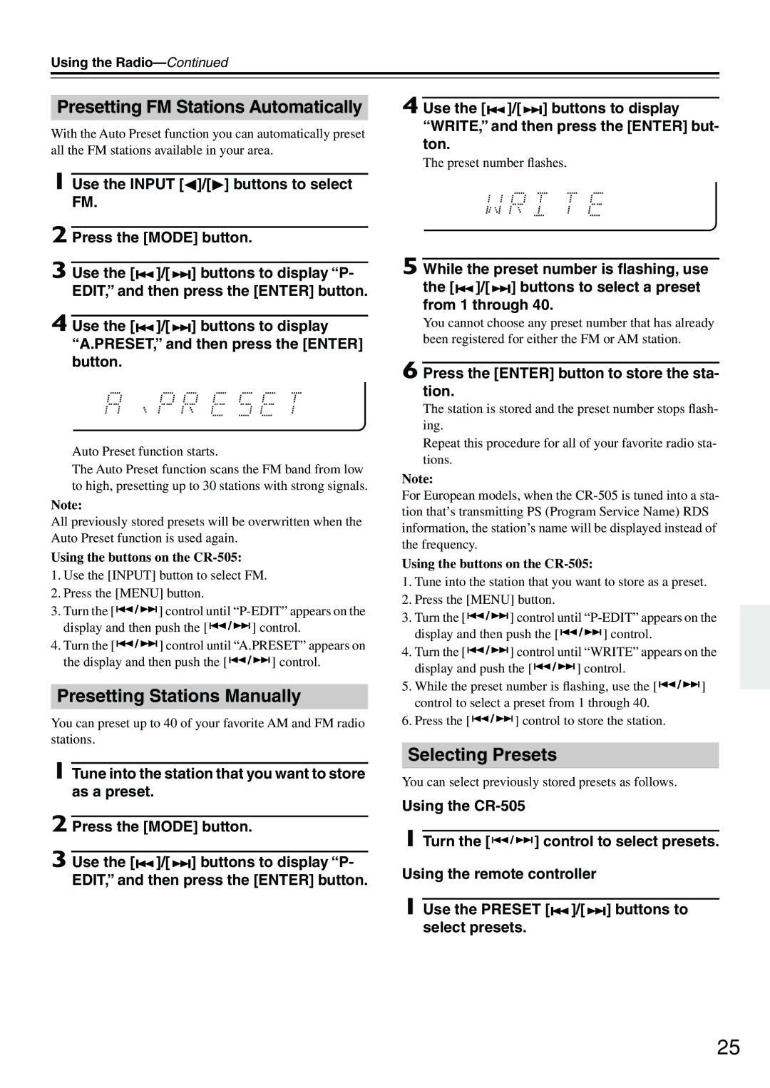 Onkyo CR-505 instruction manual Presetting FM Stations Automatically, Presetting Stations Manually, Selecting Presets 