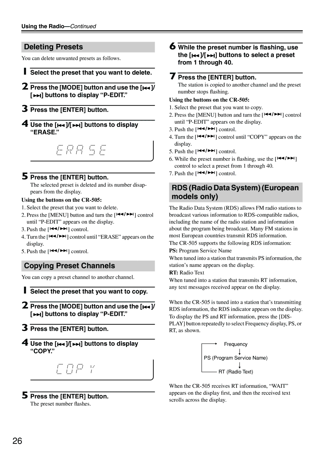 Onkyo CR-505 instruction manual Deleting Presets, Copying Preset Channels, RDS Radio Data System European models only 