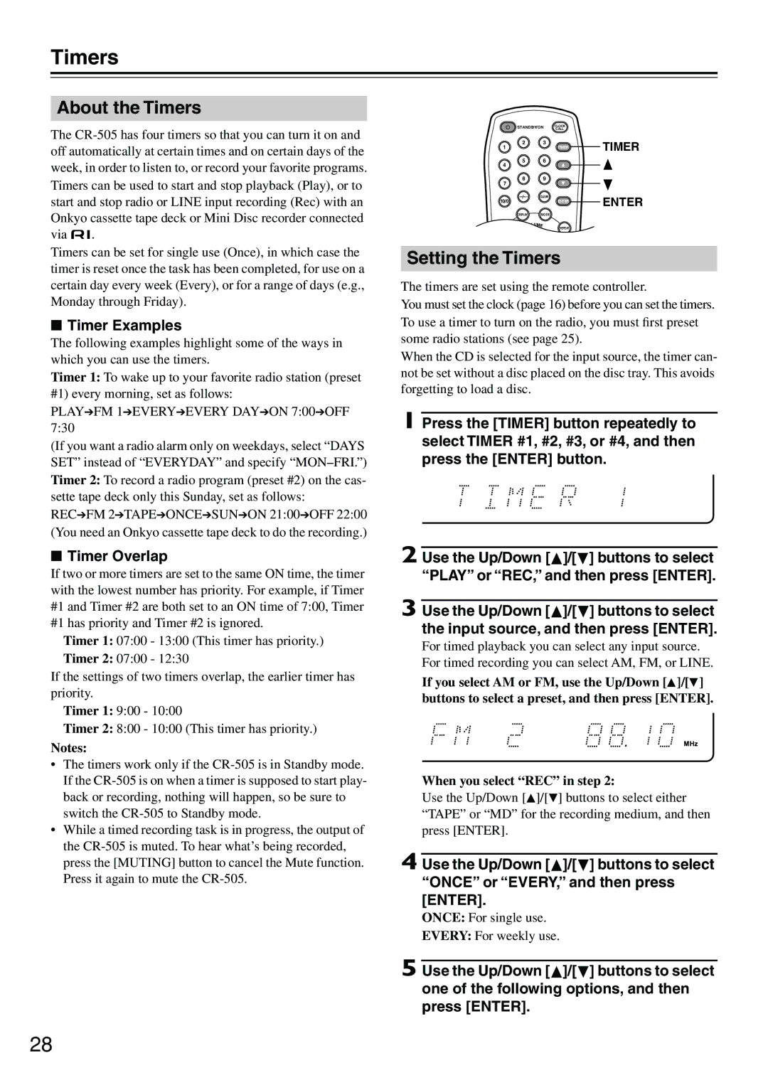 Onkyo CR-505 instruction manual About the Timers, Setting the Timers, Timer Examples, Timer Overlap 