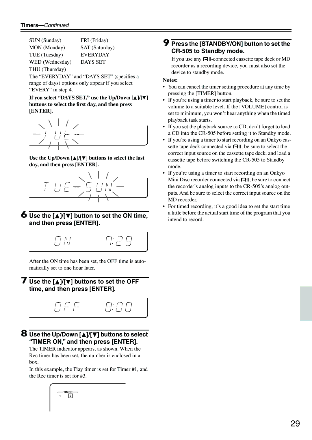 Onkyo CR-505 instruction manual Use the / button to set the on time, and then press Enter, Timers 