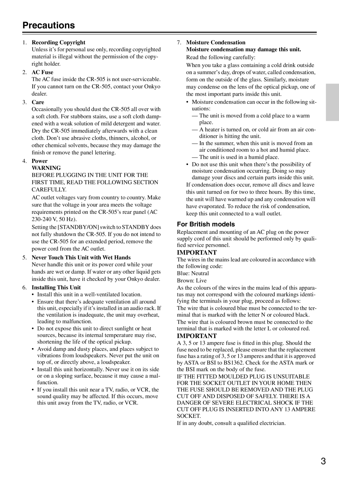 Onkyo CR-505 instruction manual Precautions, For British models 