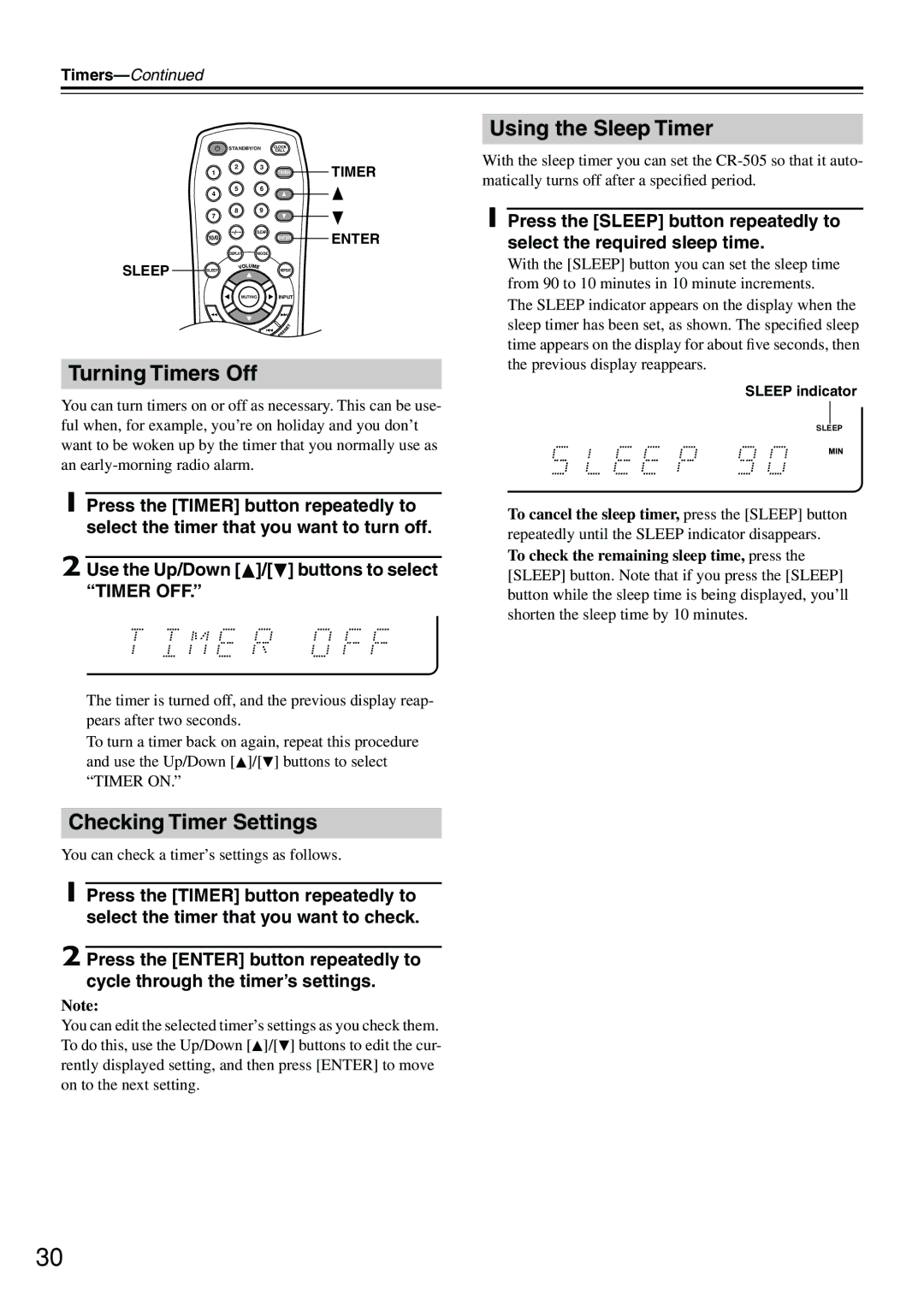 Onkyo CR-505 instruction manual Turning Timers Off, Checking Timer Settings, Using the Sleep Timer, Sleep indicator 