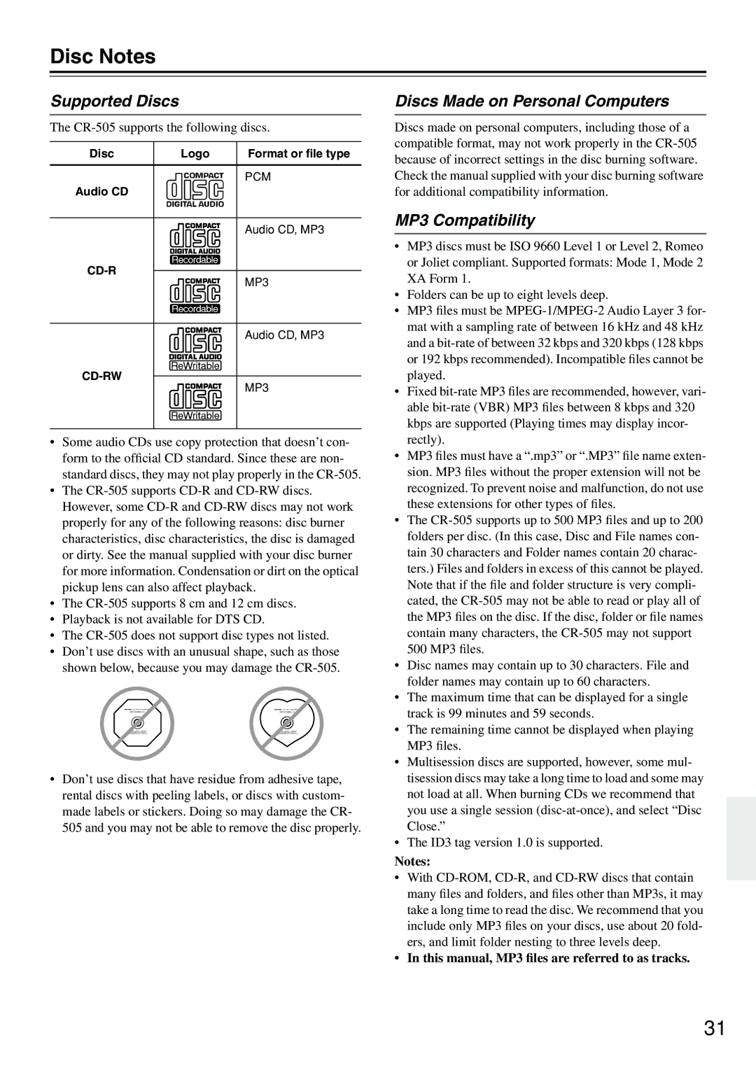 Onkyo CR-505 instruction manual Disc Notes, This manual, MP3 ﬁles are referred to as tracks, Disc Logo, Audio CD 