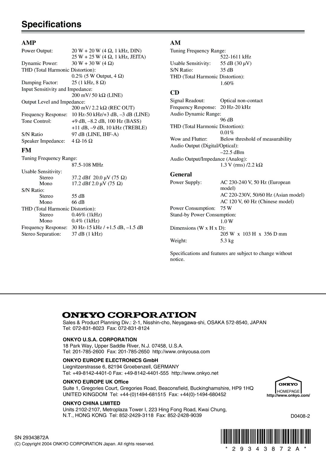 Onkyo CR-505 instruction manual Speciﬁcations, Onkyo Europe Electronics GmbH, Onkyo Europe UK Office 