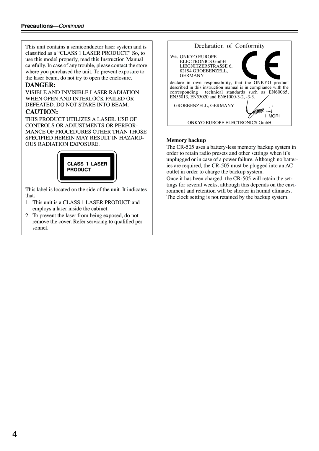 Onkyo CR-505 instruction manual Precautions, Memory backup 