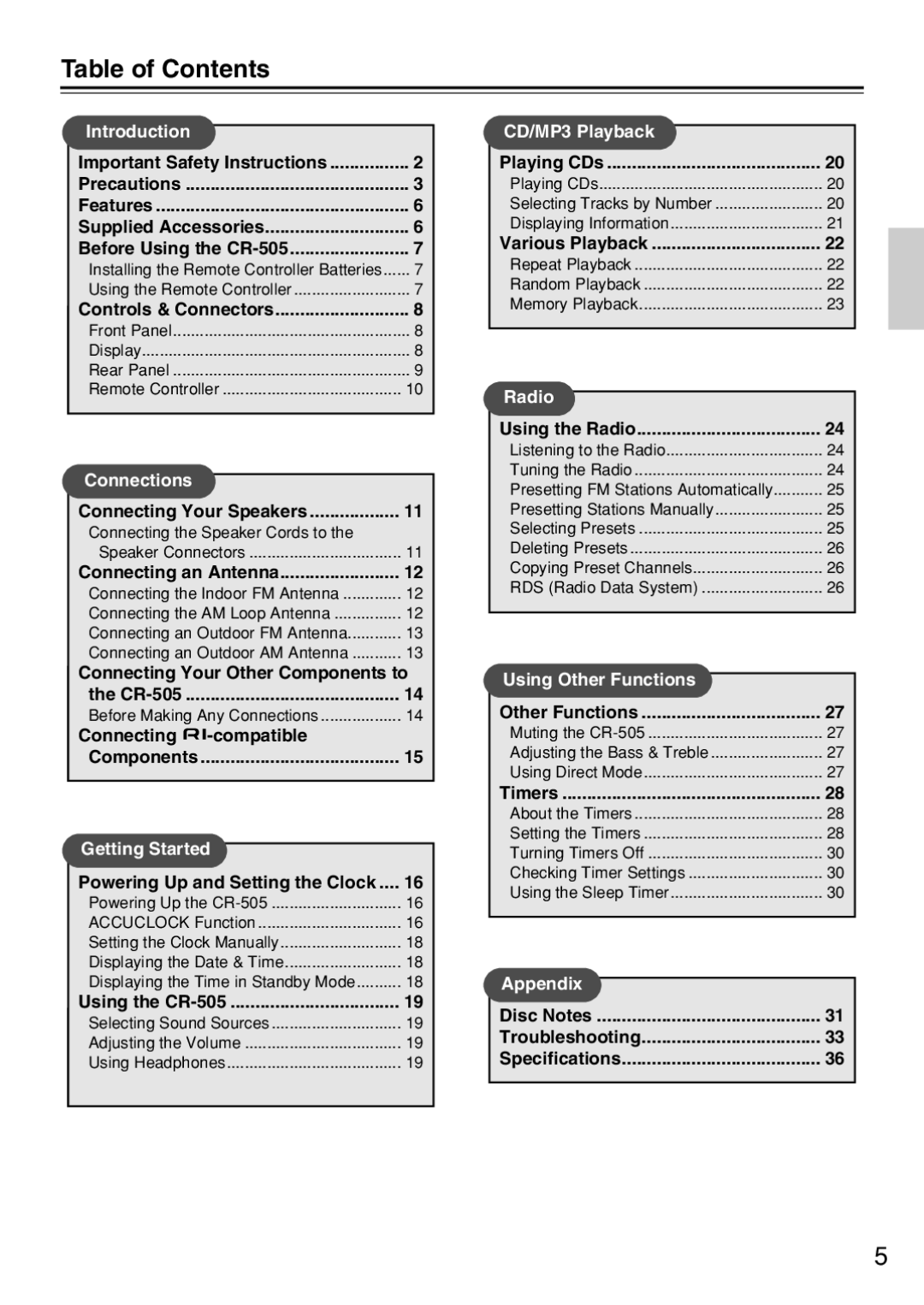 Onkyo CR-505 instruction manual Table of Contents 