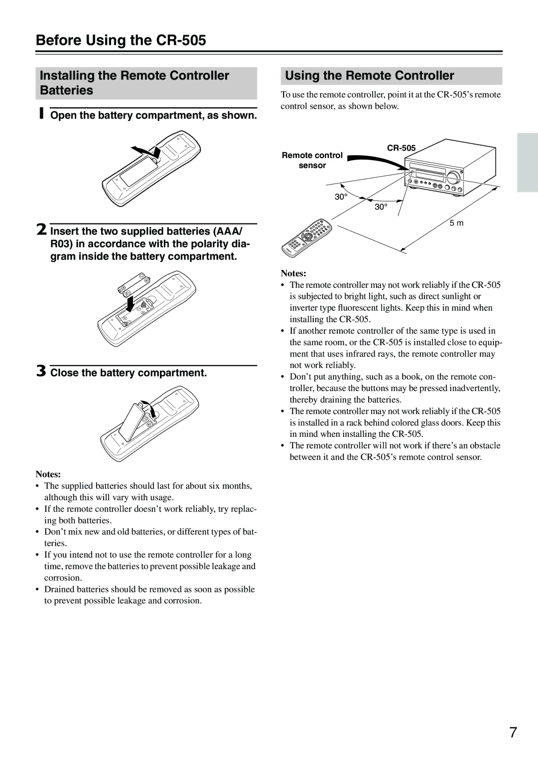 Onkyo Before Using the CR-505, Installing the Remote Controller Batteries, Using the Remote Controller 