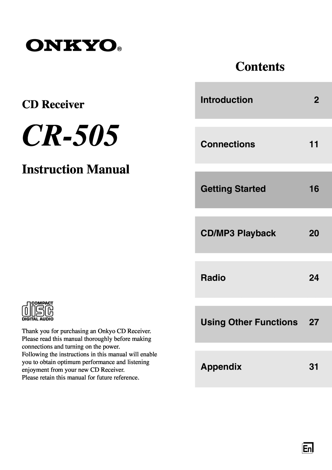 Onkyo CR-505 instruction manual Introduction2 Connections11, Getting Started, CD/MP3 Playback, Contents, CD Receiver 