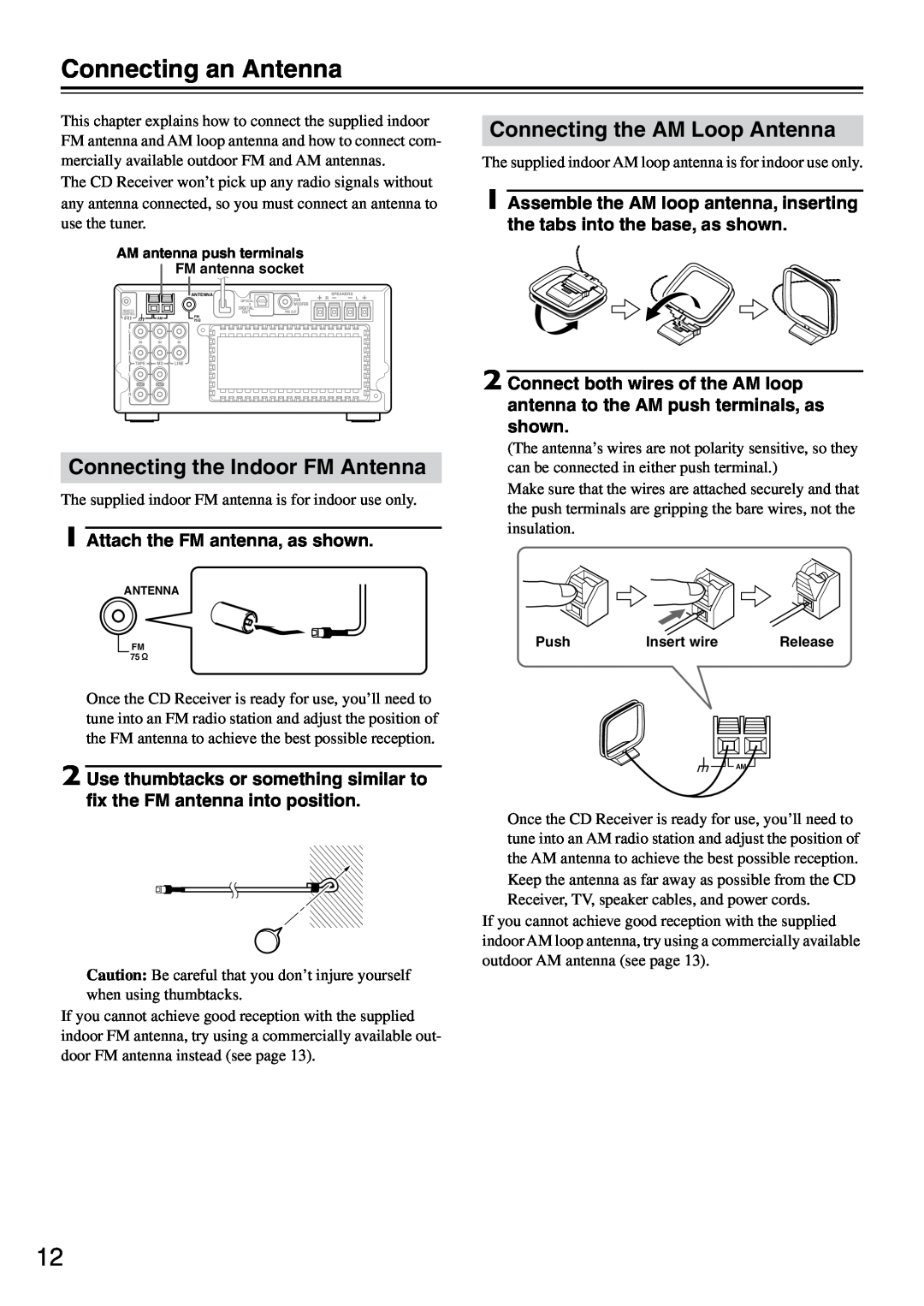 Onkyo CR-505 instruction manual Connecting an Antenna, Connecting the Indoor FM Antenna, Connecting the AM Loop Antenna 