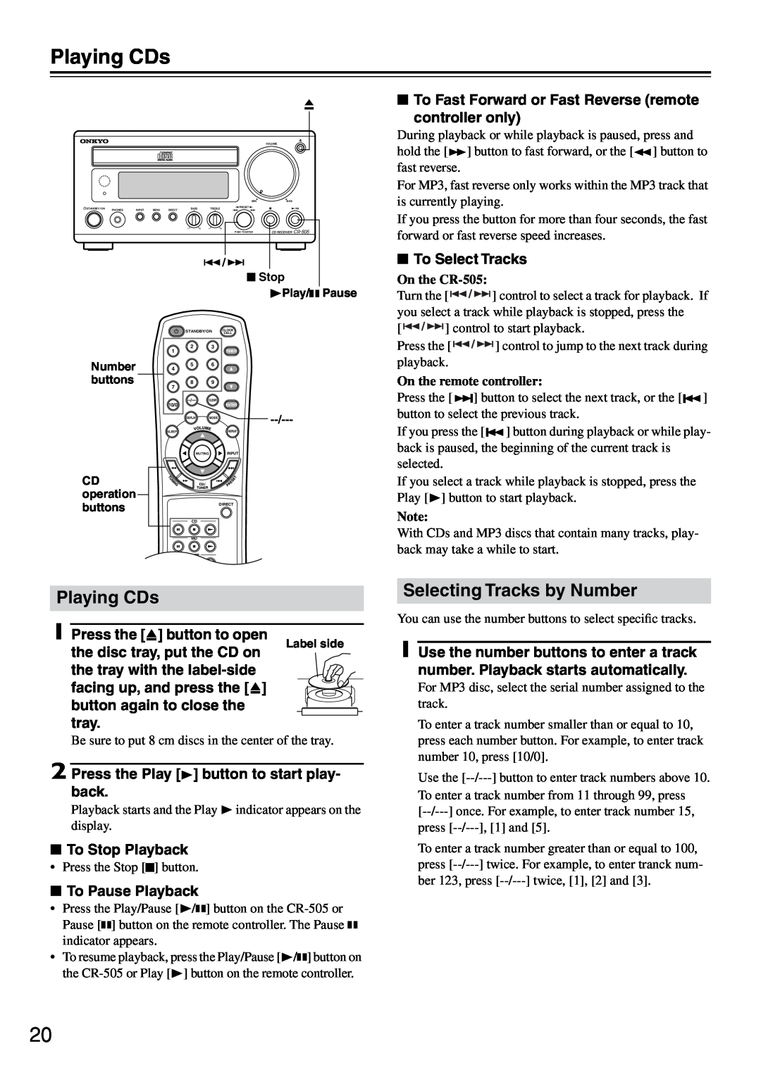 Onkyo CR-505 instruction manual Playing CDs, Selecting Tracks by Number 