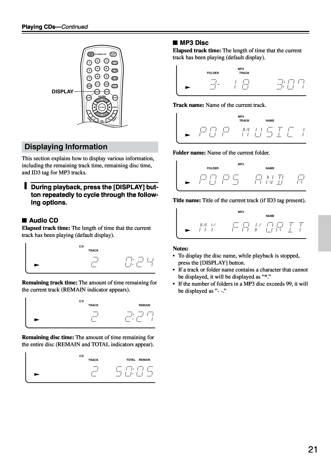 Onkyo CR-505 instruction manual Displaying Information, Audio CD, MP3 Disc 