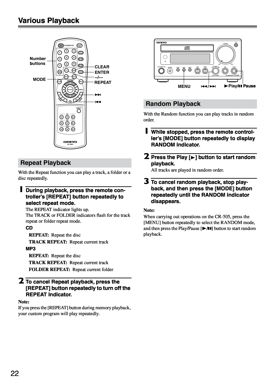 Onkyo CR-505 instruction manual Various Playback, Random Playback, Repeat Playback 