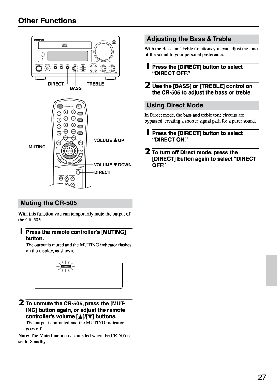 Onkyo instruction manual Other Functions, Muting the CR-505, Adjusting the Bass & Treble, Using Direct Mode 