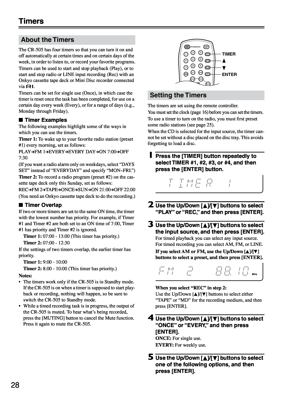 Onkyo CR-505 instruction manual About the Timers, Setting the Timers 