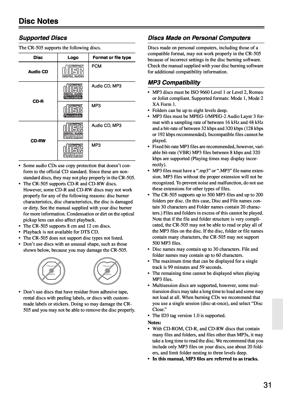 Onkyo CR-505 instruction manual Disc Notes, Supported Discs, Discs Made on Personal Computers, MP3 Compatibility 