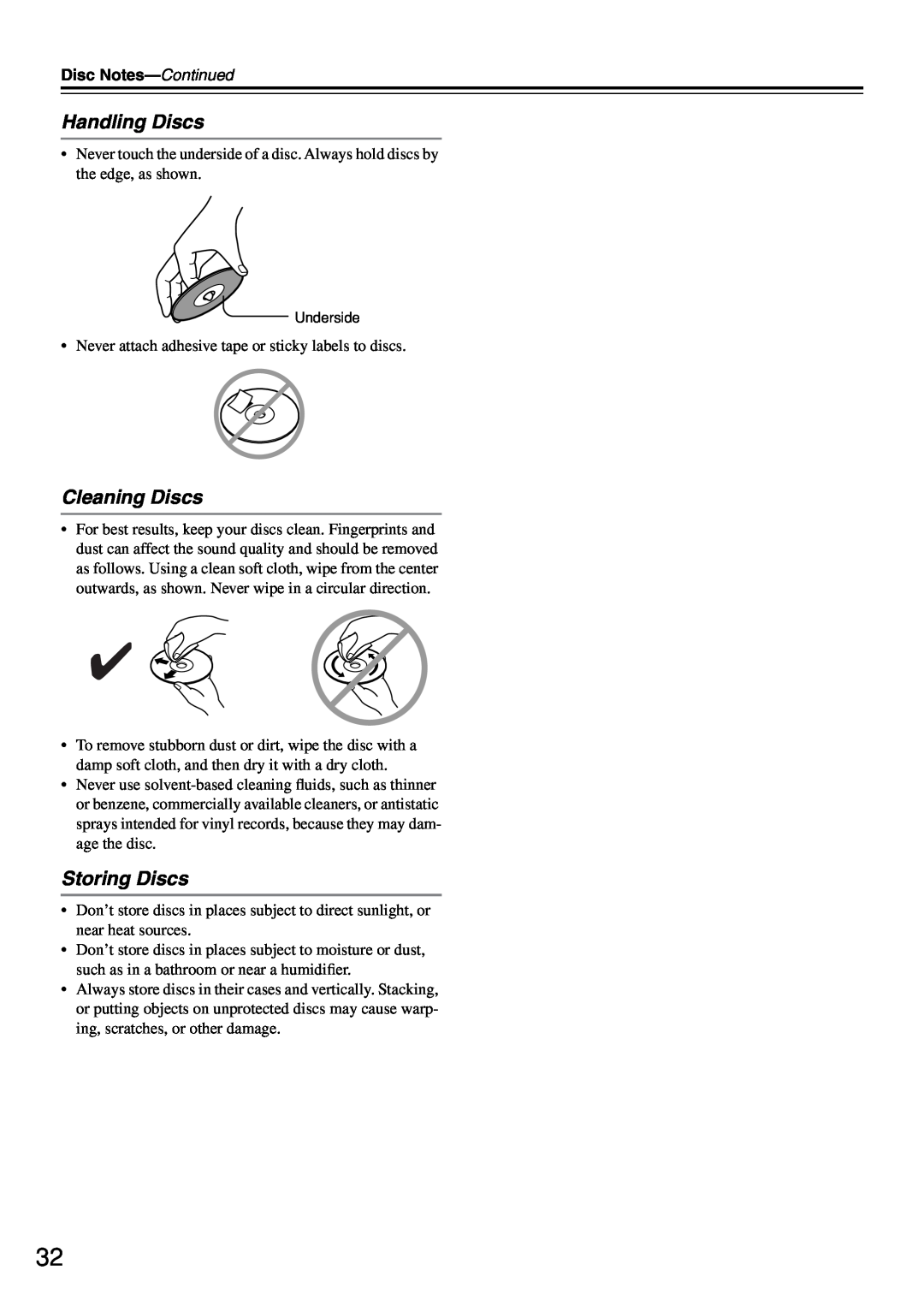 Onkyo CR-505 instruction manual Handling Discs, Cleaning Discs, Storing Discs, Disc Notes-Continued 
