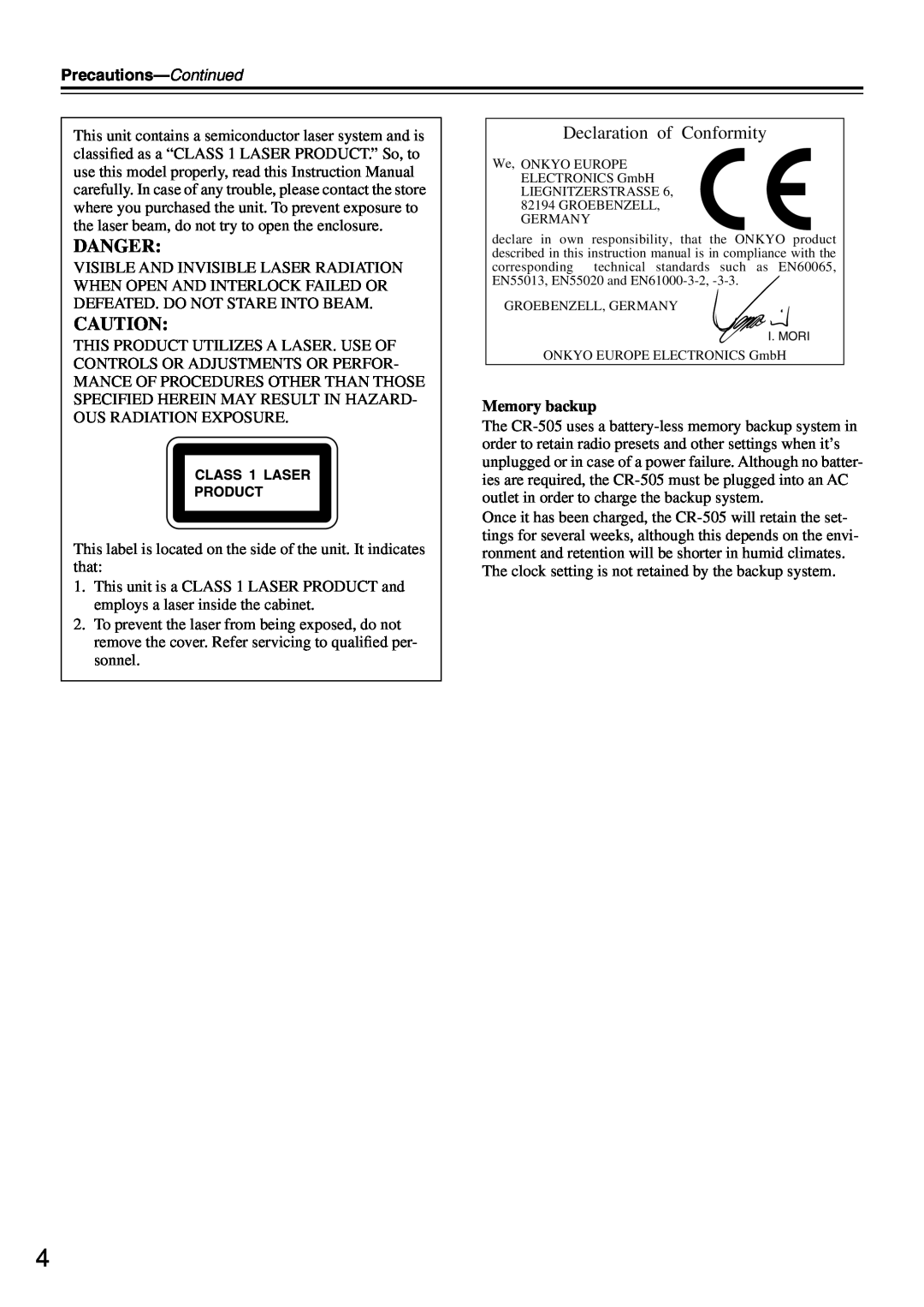 Onkyo CR-505 instruction manual Danger, Declaration of Conformity, Memory backup 
