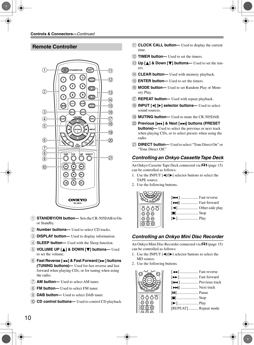 Onkyo CR-505DA instruction manual Remote Controller, Up & Down buttons- Used to set the tim- ers 