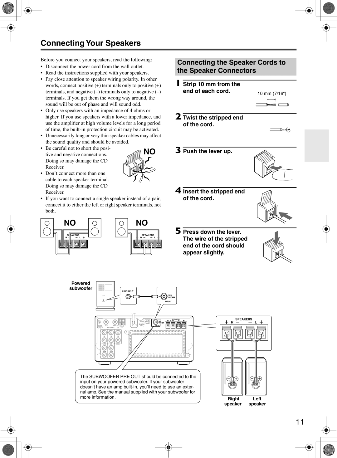 Onkyo CR-505DA instruction manual Connecting Your Speakers, Connecting the Speaker Cords to the Speaker Connectors 